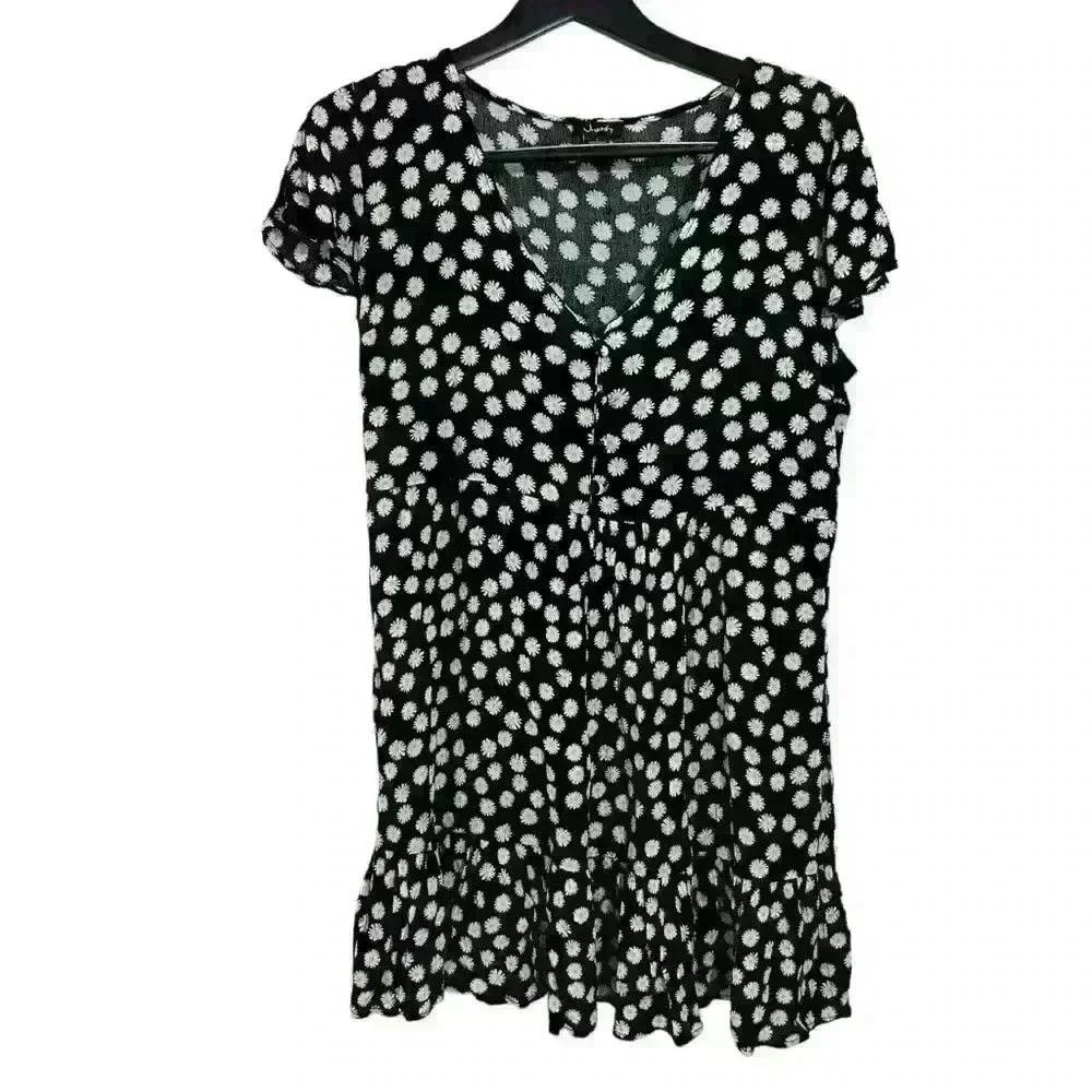 Justify Black Tiered Mini Dress with Daisies and Buttons Size S